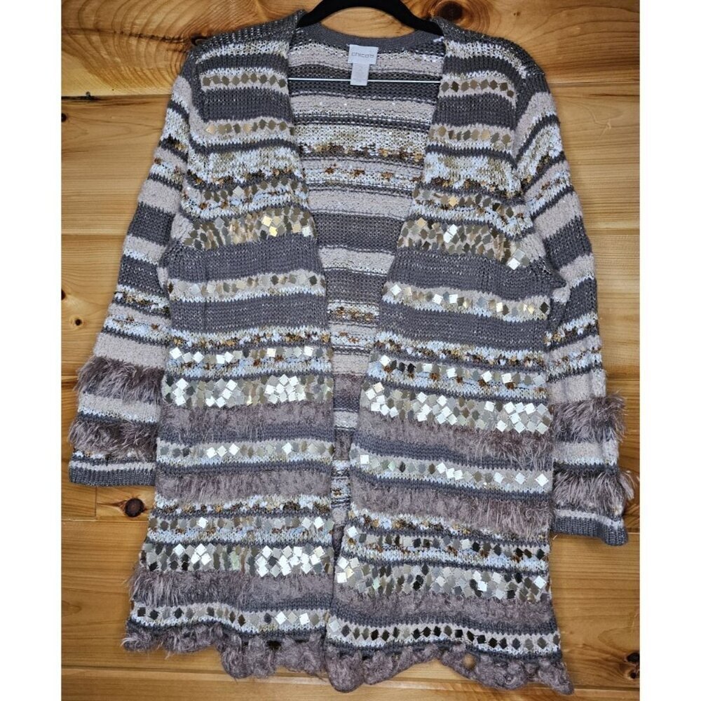 Chico's Cream Gold Sequin Sparkly Faux Fur Open Front Sweater, Size Small,